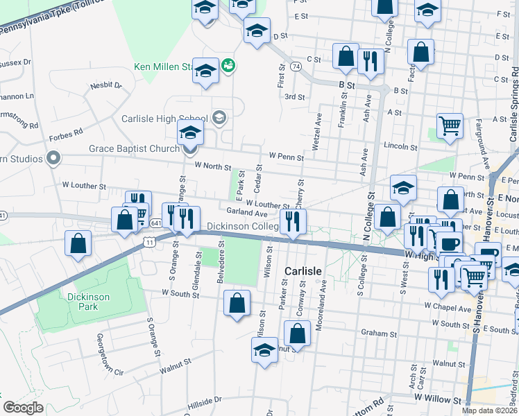 map of restaurants, bars, coffee shops, grocery stores, and more near 582 West Louther Street in Carlisle