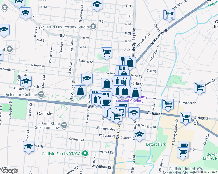 map of restaurants, bars, coffee shops, grocery stores, and more near 152 North Pitt Street in Carlisle