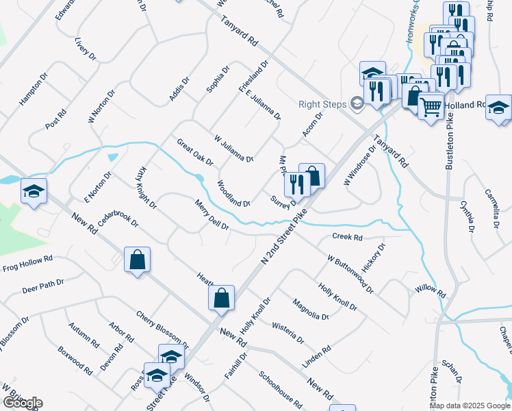 map of restaurants, bars, coffee shops, grocery stores, and more near 67 Woodland Drive in Bucks County