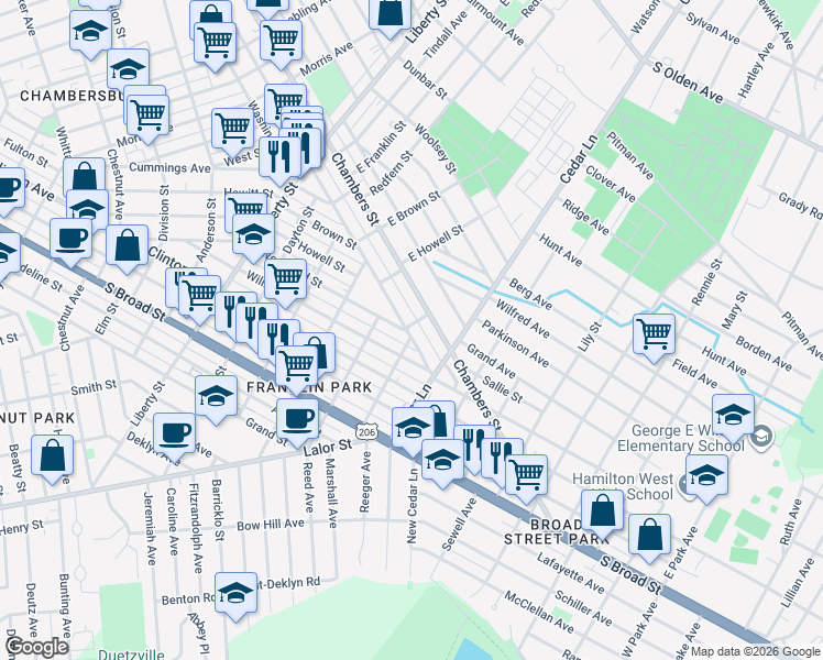 map of restaurants, bars, coffee shops, grocery stores, and more near 1062 Franklin Street in Trenton
