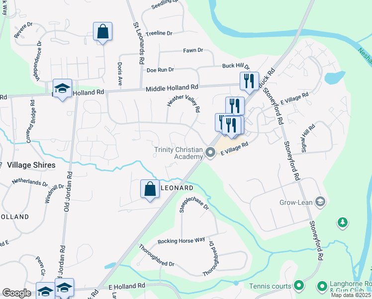 map of restaurants, bars, coffee shops, grocery stores, and more near 69 Banbury Court in Village Shires