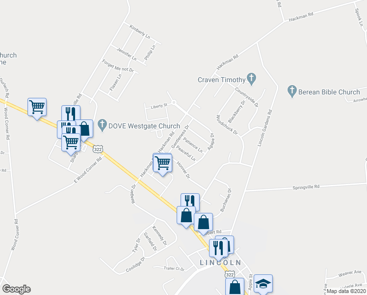 map of restaurants, bars, coffee shops, grocery stores, and more near 21 Peaceful Lane in Ephrata