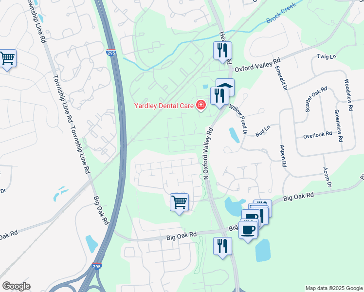 map of restaurants, bars, coffee shops, grocery stores, and more near 255 Oxford Valley Road in Yardley