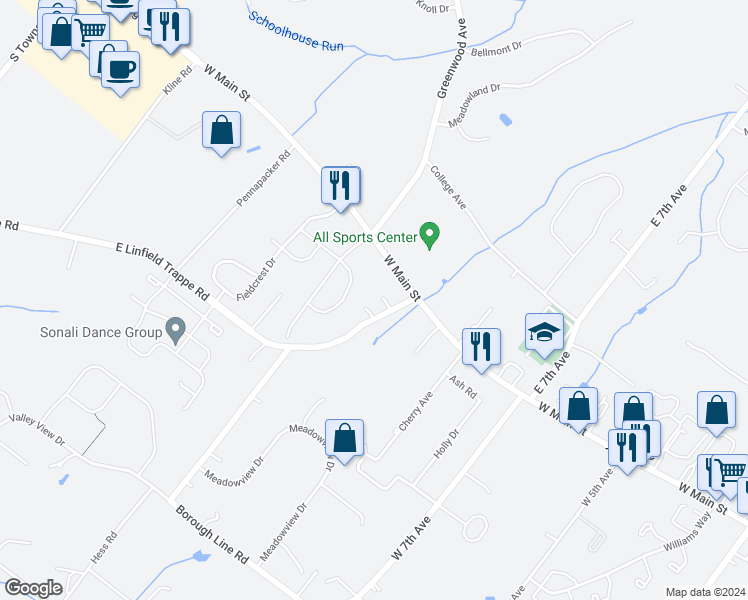 map of restaurants, bars, coffee shops, grocery stores, and more near 111 East Linfield Trappe Road in Royersford