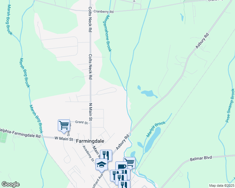 map of restaurants, bars, coffee shops, grocery stores, and more near 20 Ruset Lane in Farmingdale