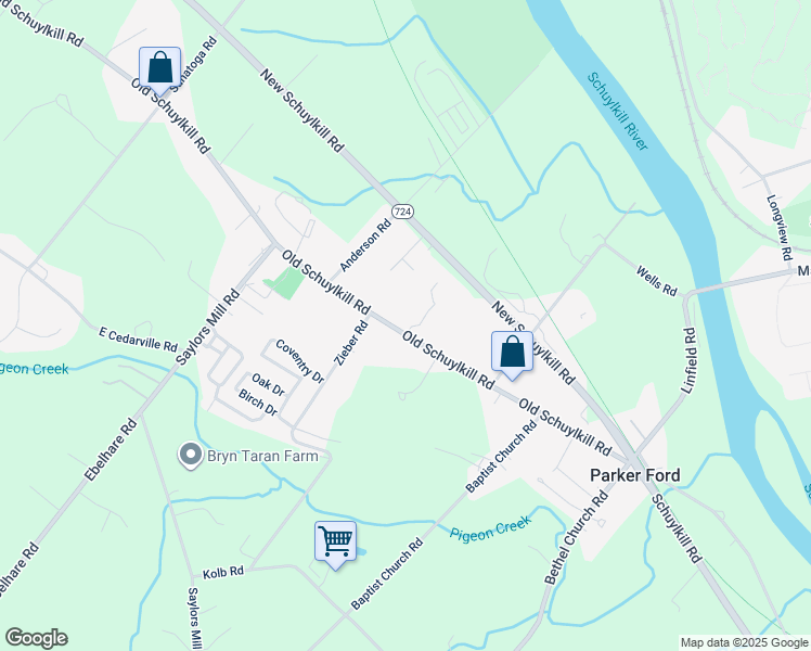 map of restaurants, bars, coffee shops, grocery stores, and more near 1347 Old Schuylkill Road in Spring City