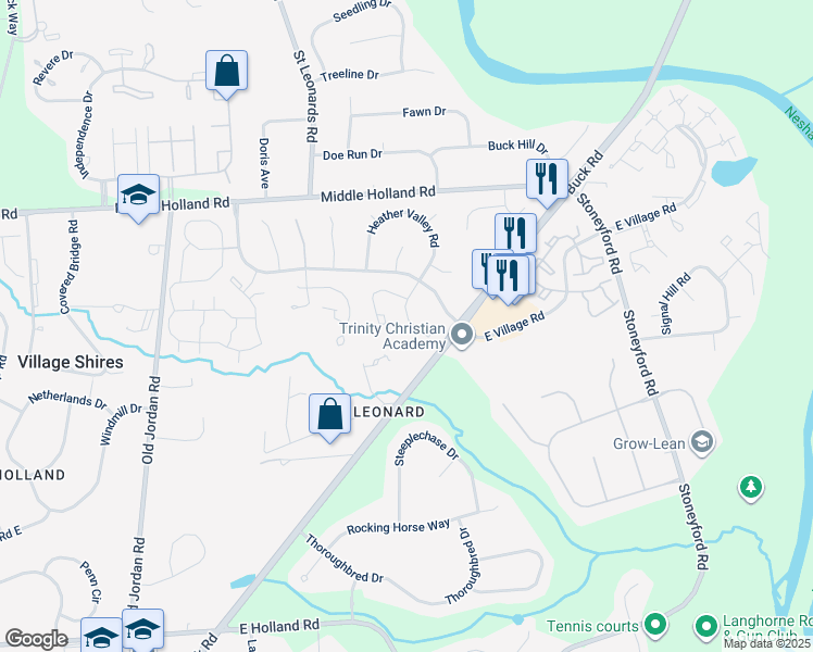 map of restaurants, bars, coffee shops, grocery stores, and more near 65 Banbury Court in Village Shires