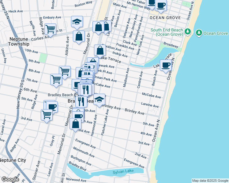 map of restaurants, bars, coffee shops, grocery stores, and more near 408 McCabe Avenue in Bradley Beach