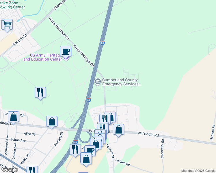 map of restaurants, bars, coffee shops, grocery stores, and more near 175 Army Heritage Drive in Carlisle