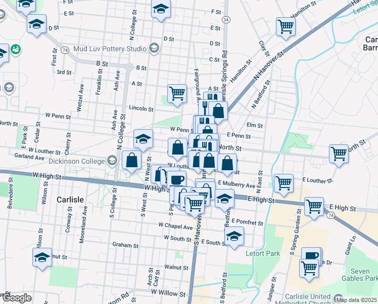 map of restaurants, bars, coffee shops, grocery stores, and more near 46 West North Street in Carlisle