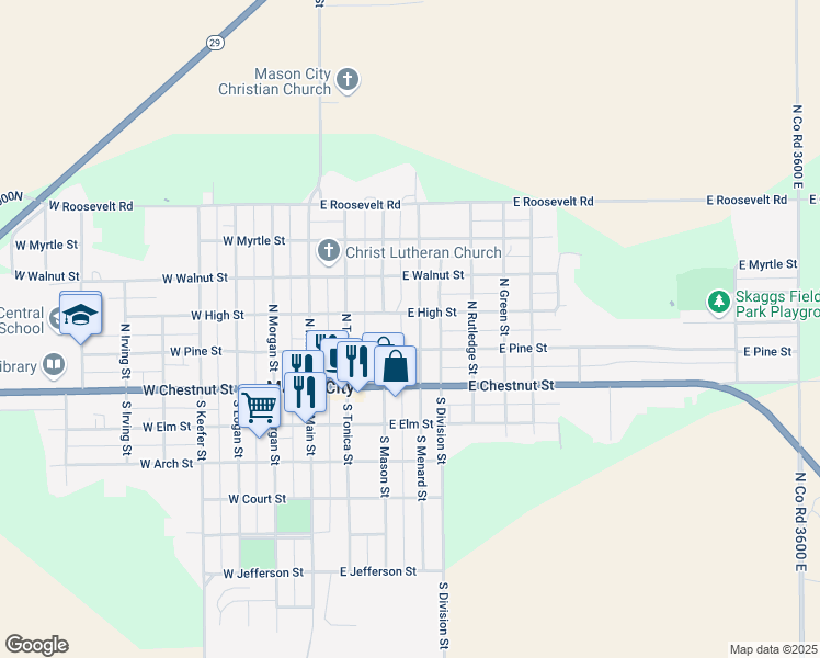map of restaurants, bars, coffee shops, grocery stores, and more near 345-399 East High Street in Mason City