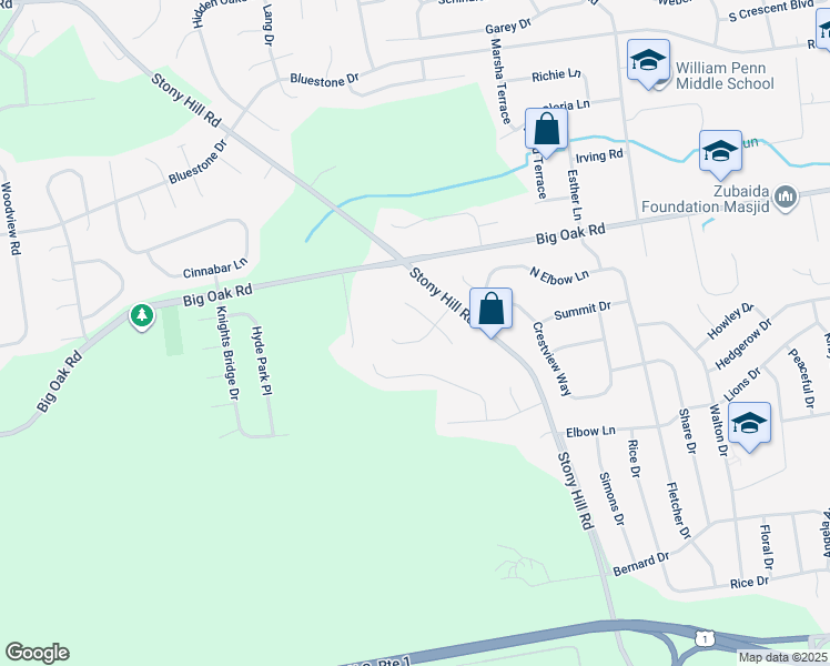 map of restaurants, bars, coffee shops, grocery stores, and more near 1104 Daffodil Drive in Yardley