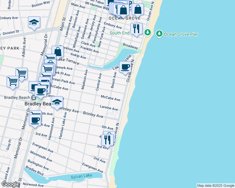 map of restaurants, bars, coffee shops, grocery stores, and more near 109 Ocean Park Avenue in Bradley Beach