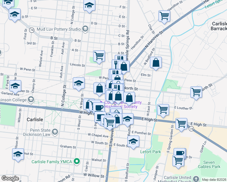 map of restaurants, bars, coffee shops, grocery stores, and more near 163 North Hanover Street in Carlisle