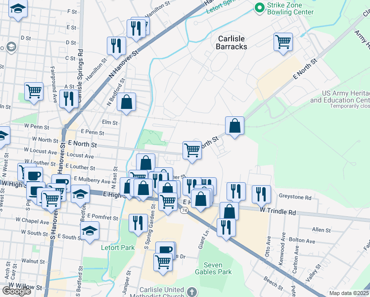 map of restaurants, bars, coffee shops, grocery stores, and more near 457 East North Street in Carlisle