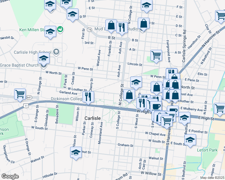map of restaurants, bars, coffee shops, grocery stores, and more near 343 West Louther Street in Carlisle