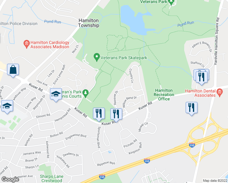map of restaurants, bars, coffee shops, grocery stores, and more near 27 Raintree Drive in Hamilton Township