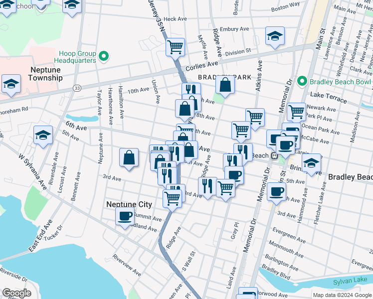 map of restaurants, bars, coffee shops, grocery stores, and more near 700 New Jersey 35 in Neptune City