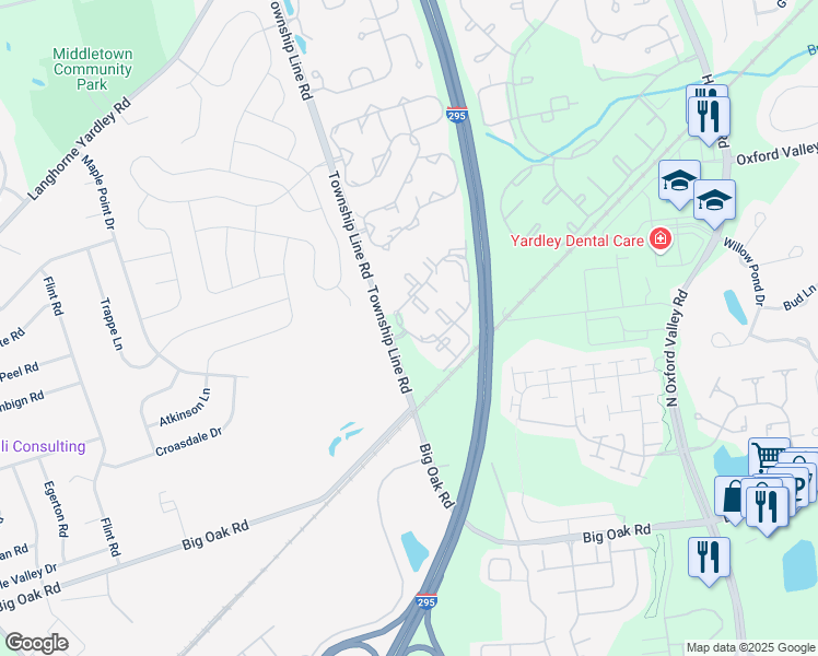 map of restaurants, bars, coffee shops, grocery stores, and more near 13208 Cornerstone Drive in Yardley
