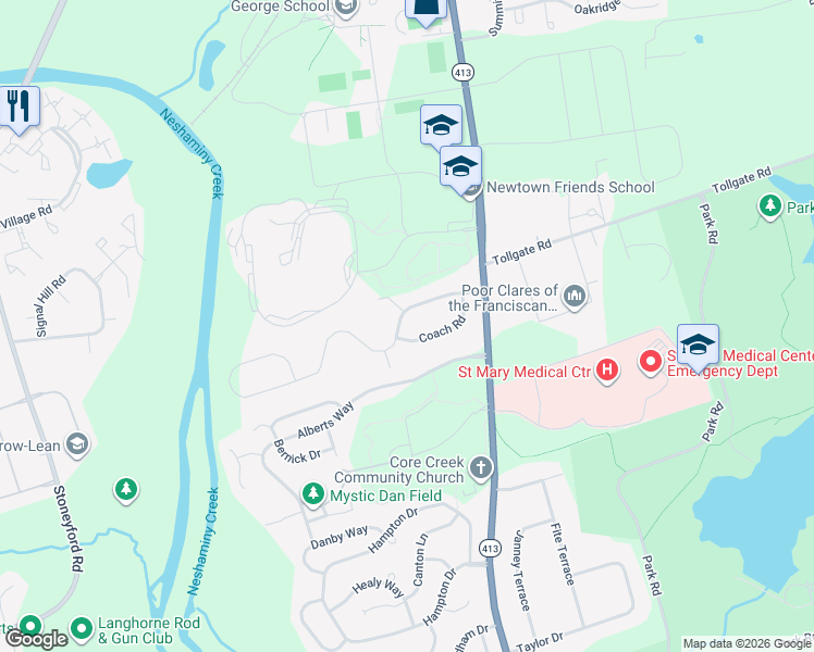 map of restaurants, bars, coffee shops, grocery stores, and more near 190 Green Valley Road in Langhorne