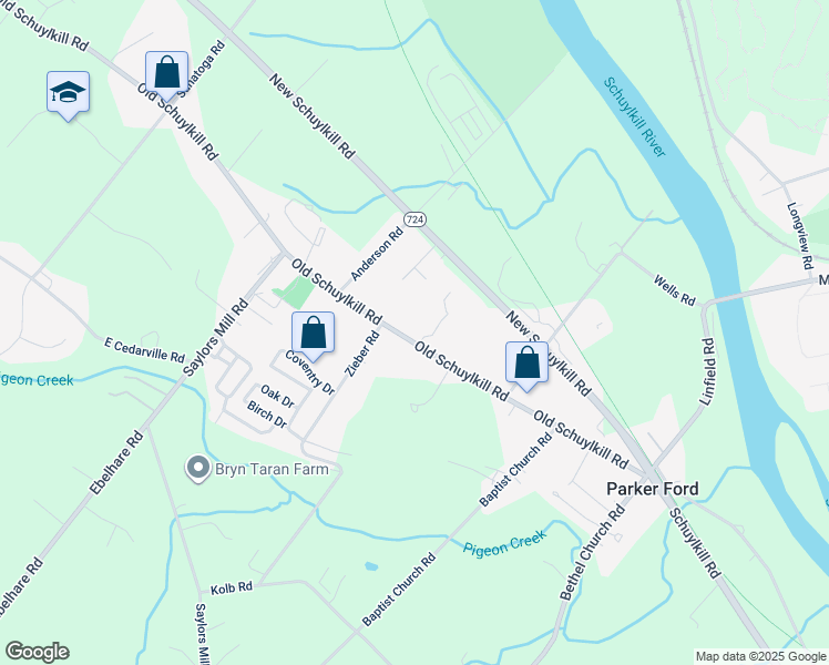 map of restaurants, bars, coffee shops, grocery stores, and more near 1347 Old Schuylkill Road in Spring City