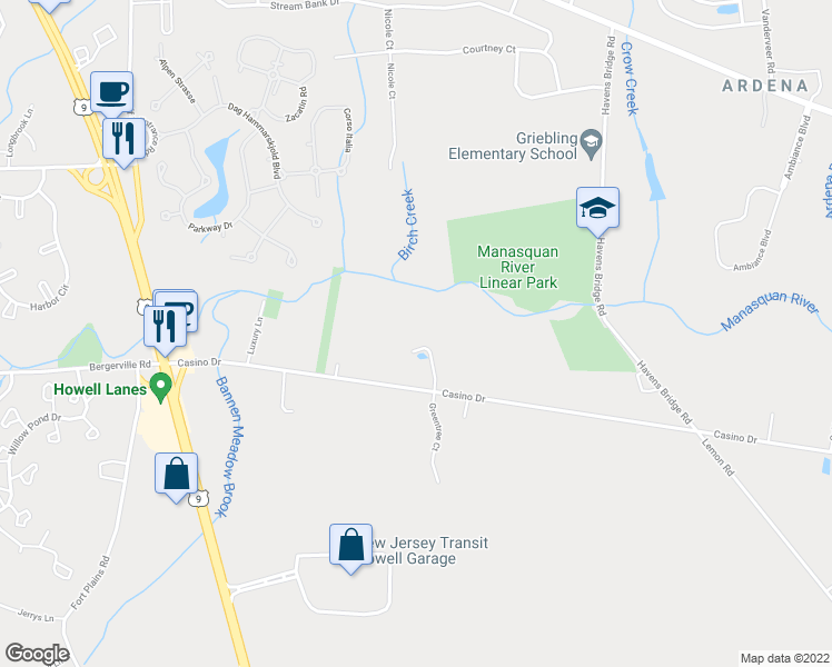 map of restaurants, bars, coffee shops, grocery stores, and more near 616 Casino Drive in Howell