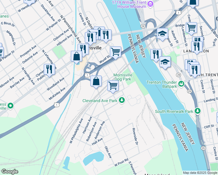 map of restaurants, bars, coffee shops, grocery stores, and more near 73 East Philadelphia Avenue in Morrisville