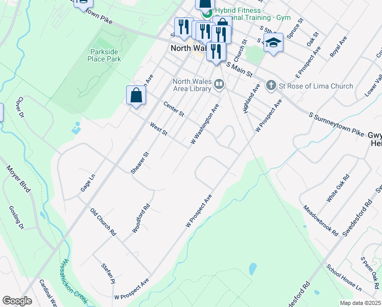 map of restaurants, bars, coffee shops, grocery stores, and more near 501 West Washington Avenue in North Wales