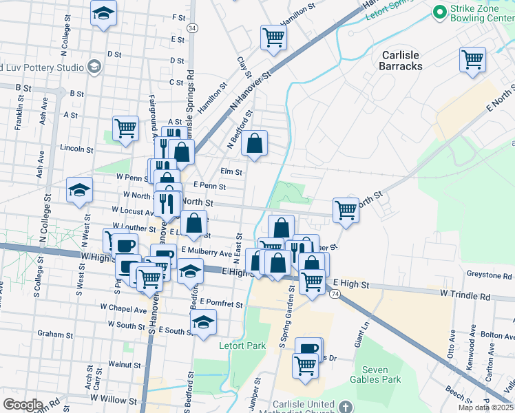 map of restaurants, bars, coffee shops, grocery stores, and more near 237 E North St in Carlisle