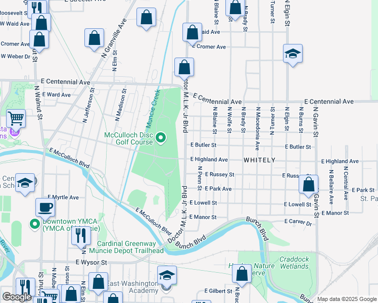 map of restaurants, bars, coffee shops, grocery stores, and more near 1212 Drive Martin Luther King Junior Boulevard in Muncie