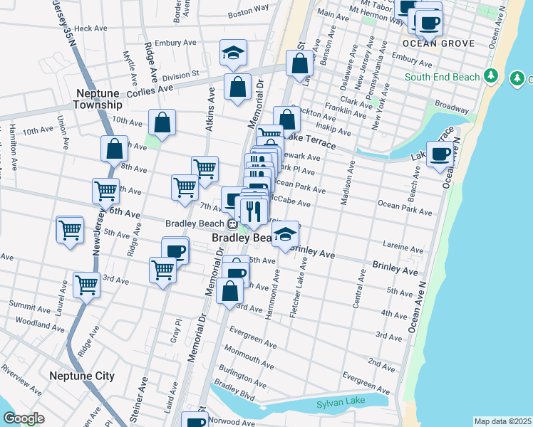 map of restaurants, bars, coffee shops, grocery stores, and more near 612 Lareine Avenue in Bradley Beach