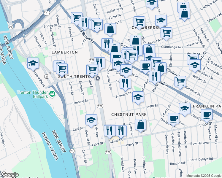 map of restaurants, bars, coffee shops, grocery stores, and more near 135 Hancock Street in Trenton