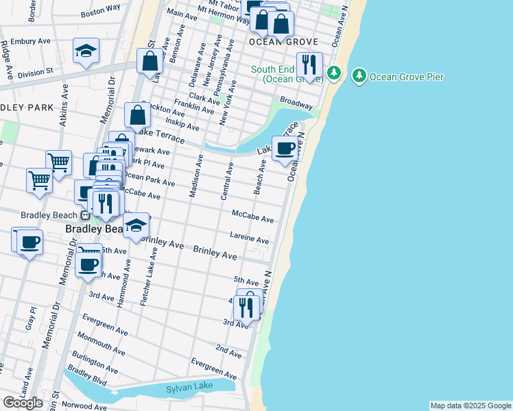 map of restaurants, bars, coffee shops, grocery stores, and more near 809 Beach Avenue in Bradley Beach