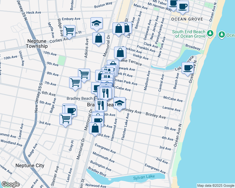 map of restaurants, bars, coffee shops, grocery stores, and more near 603 McCabe Avenue in Bradley Beach