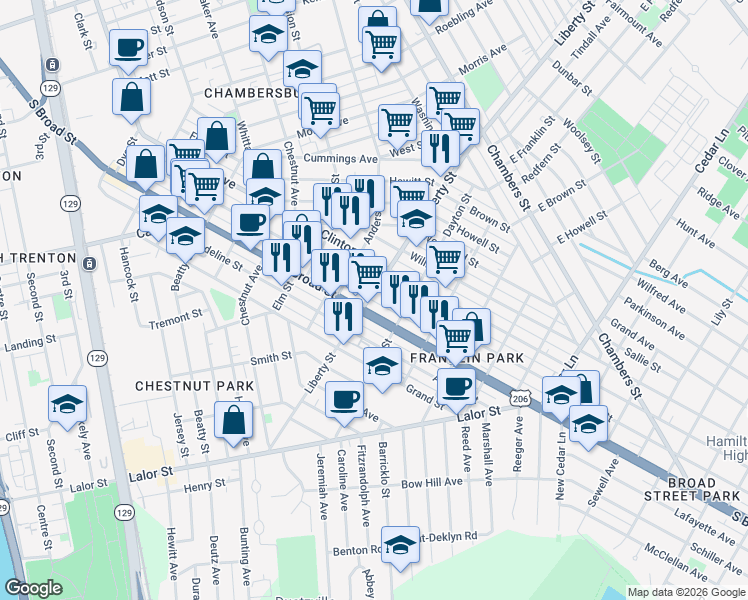 map of restaurants, bars, coffee shops, grocery stores, and more near 327 Liberty Street in Trenton