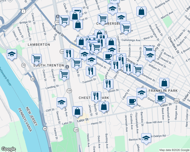 map of restaurants, bars, coffee shops, grocery stores, and more near 217 Home Avenue in Trenton