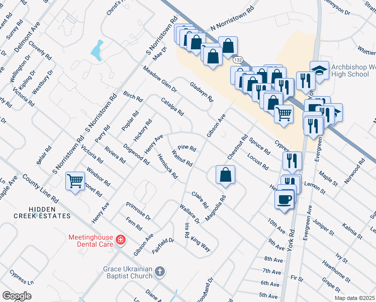 map of restaurants, bars, coffee shops, grocery stores, and more near 882 Pine Road in Warminster