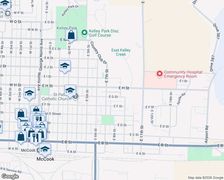 map of restaurants, bars, coffee shops, grocery stores, and more near 805 East H Street in McCook