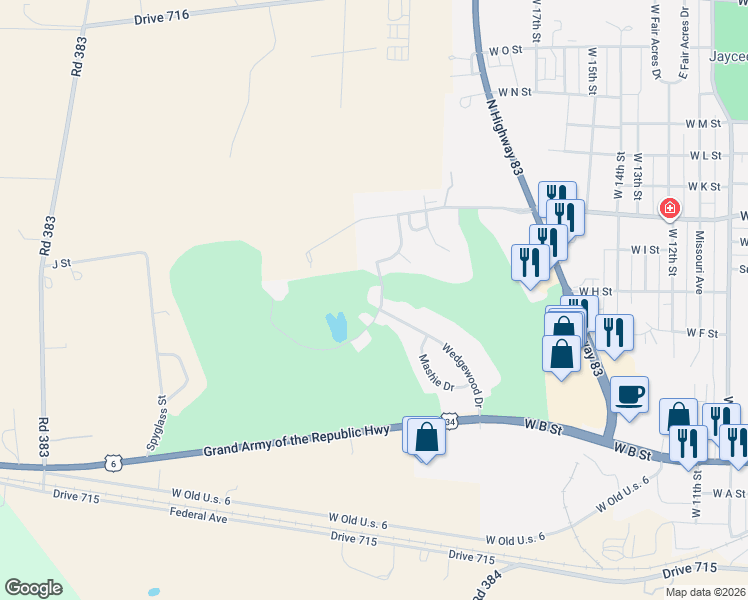 map of restaurants, bars, coffee shops, grocery stores, and more near Club House Drive in McCook