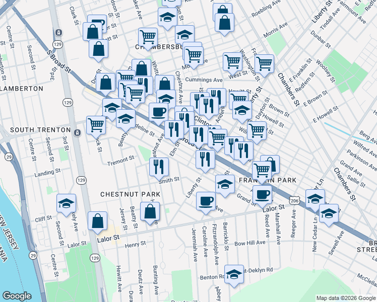 map of restaurants, bars, coffee shops, grocery stores, and more near 1051 South Broad Street in Trenton