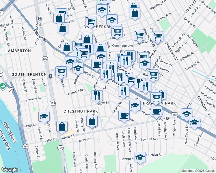 map of restaurants, bars, coffee shops, grocery stores, and more near 1051 South Broad Street in Trenton