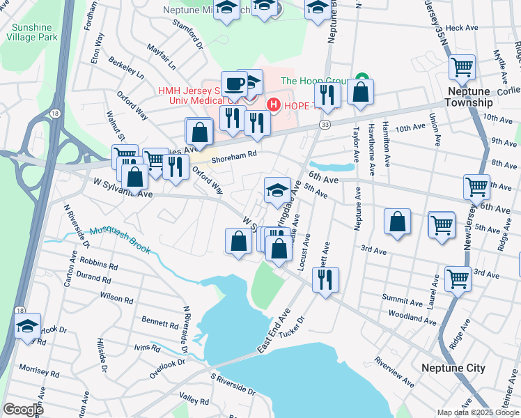 map of restaurants, bars, coffee shops, grocery stores, and more near 220 West Sylvania Avenue in Neptune City