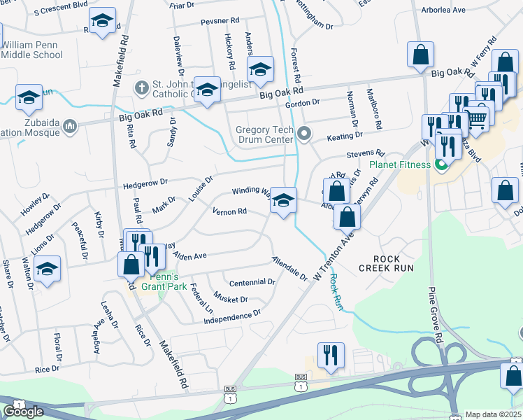 map of restaurants, bars, coffee shops, grocery stores, and more near 220 Vernon Road in Morrisville