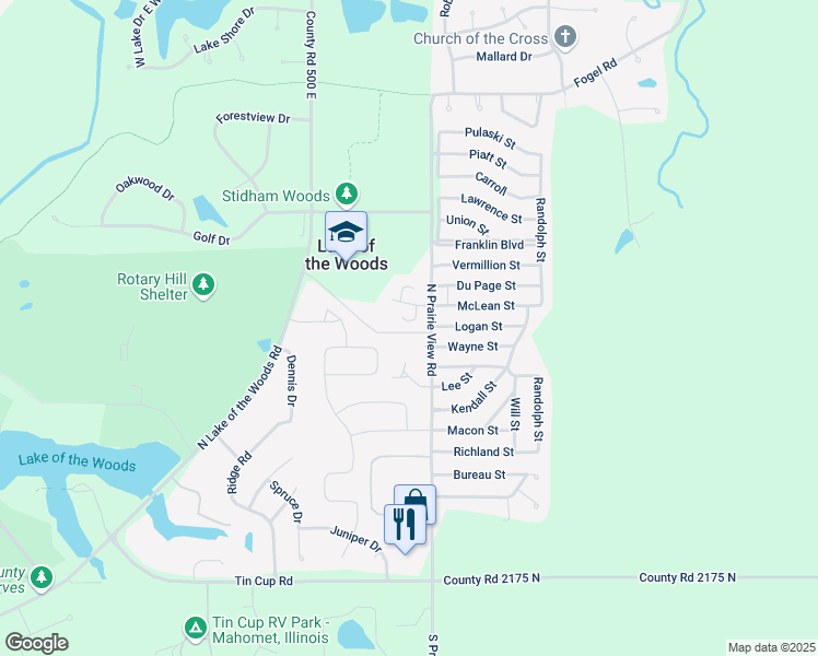 map of restaurants, bars, coffee shops, grocery stores, and more near 804B South Okaw in Mahomet