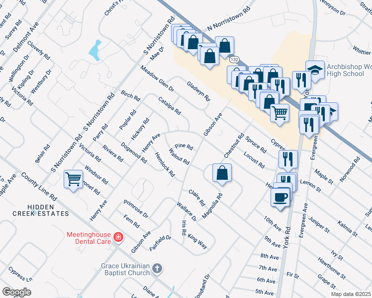 map of restaurants, bars, coffee shops, grocery stores, and more near 882 Pine Road in Warminster