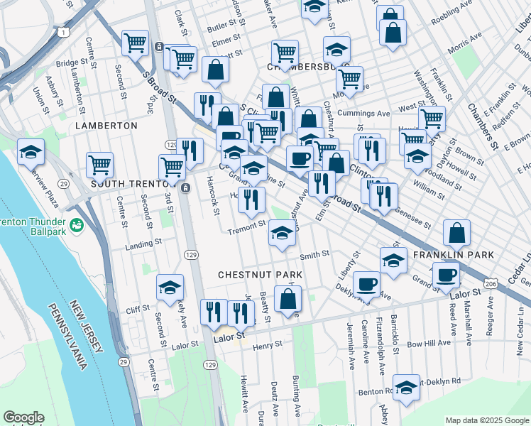 map of restaurants, bars, coffee shops, grocery stores, and more near 225 Home Avenue in Trenton