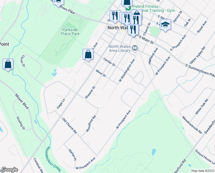 map of restaurants, bars, coffee shops, grocery stores, and more near 511 West Montgomery Avenue in North Wales