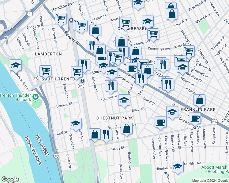 map of restaurants, bars, coffee shops, grocery stores, and more near 29 Orange Street in Trenton