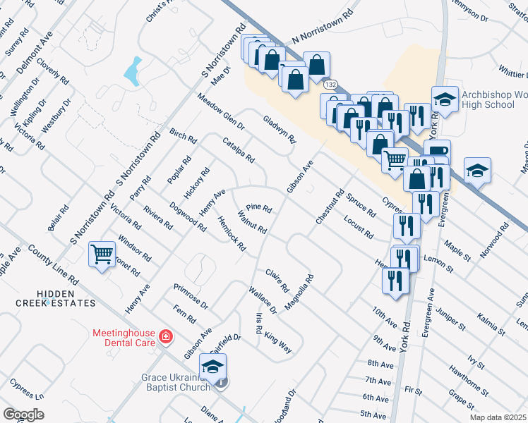 map of restaurants, bars, coffee shops, grocery stores, and more near 866 Pine Road in Warminster