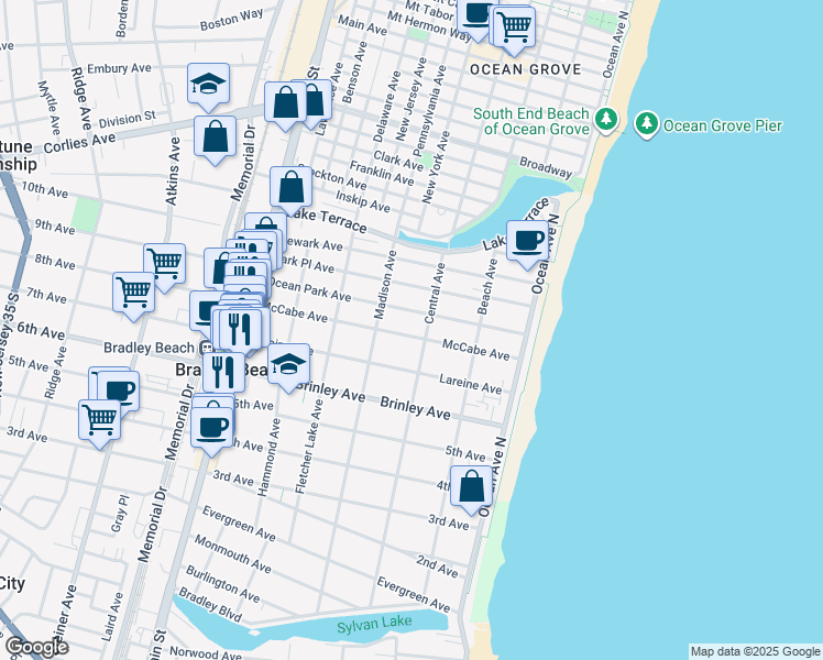 map of restaurants, bars, coffee shops, grocery stores, and more near 314 McCabe Avenue in Bradley Beach